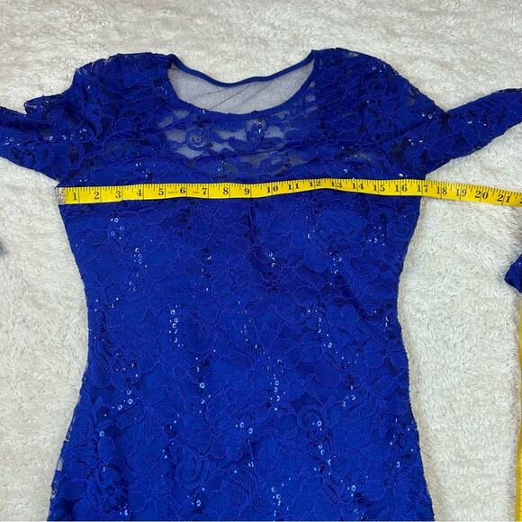 Sequin Hearts mesh back, lace and sequin blue sheath cocktail party dress, 7 - Picture 7 of 14
